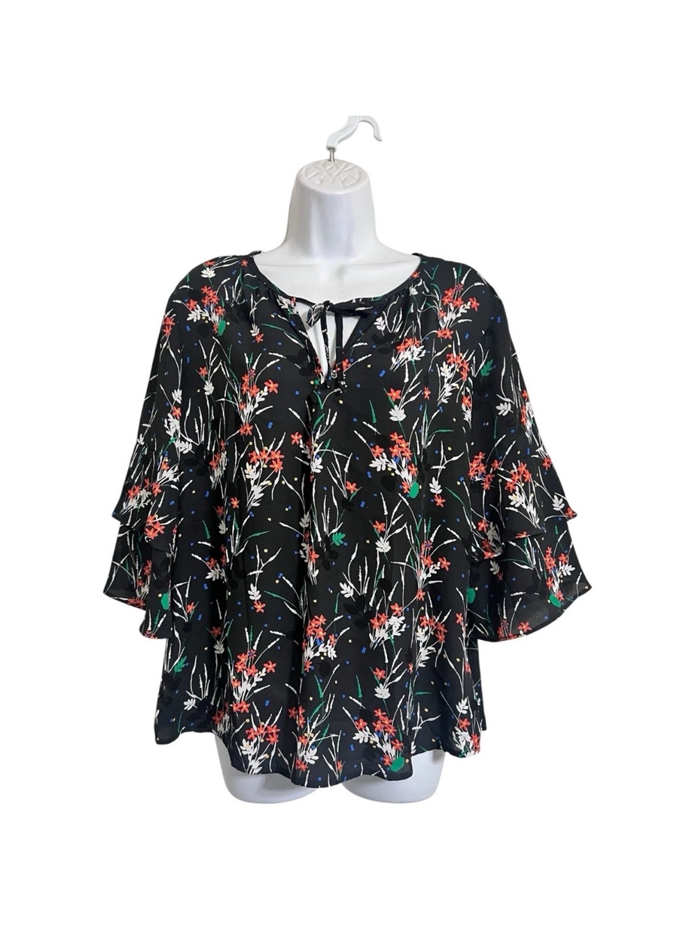 GAP Black Floral Tie-Neck Ruffle Sleeve Feminine Cottagecore Blouse